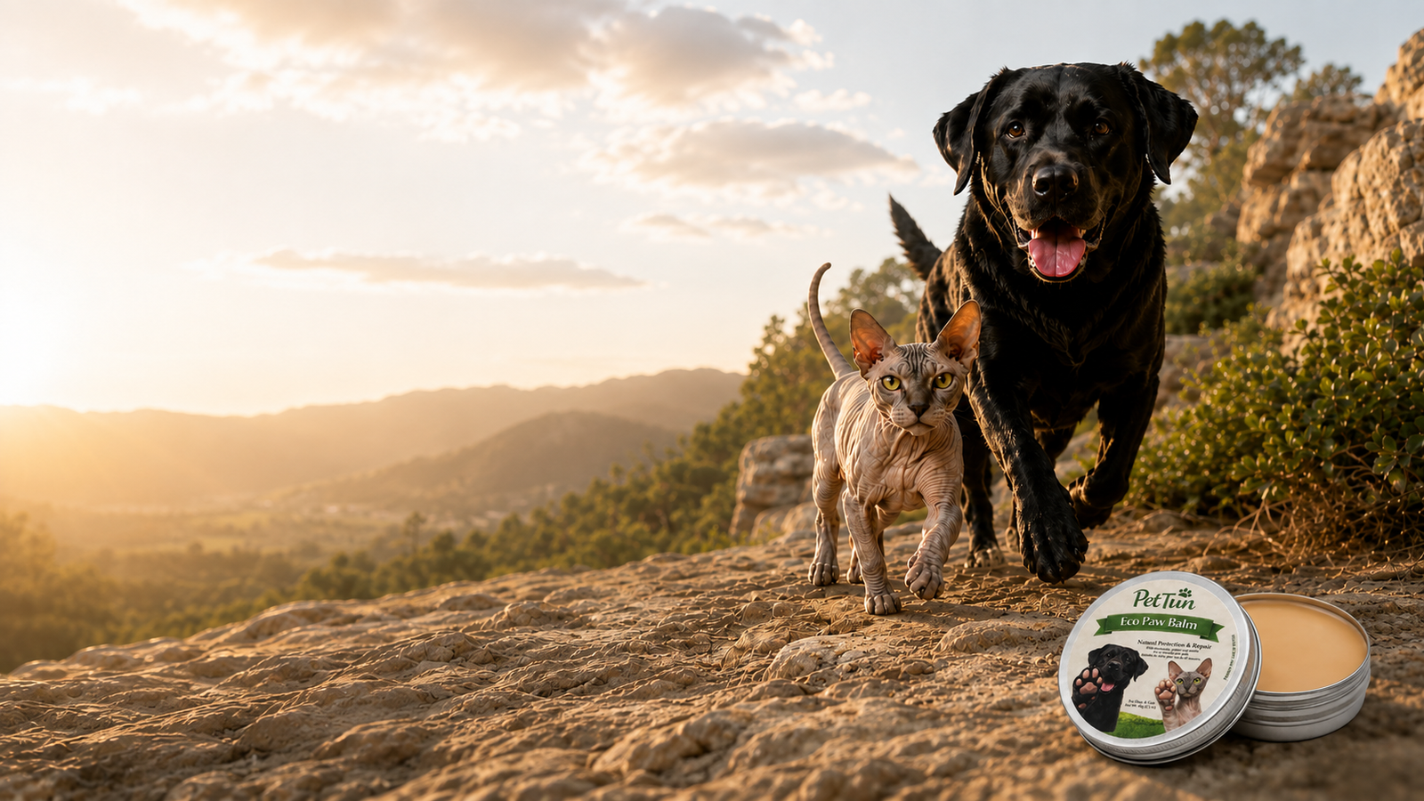 PetTun Eco Paw Balm with a dog and cat in a natural outdoor setting