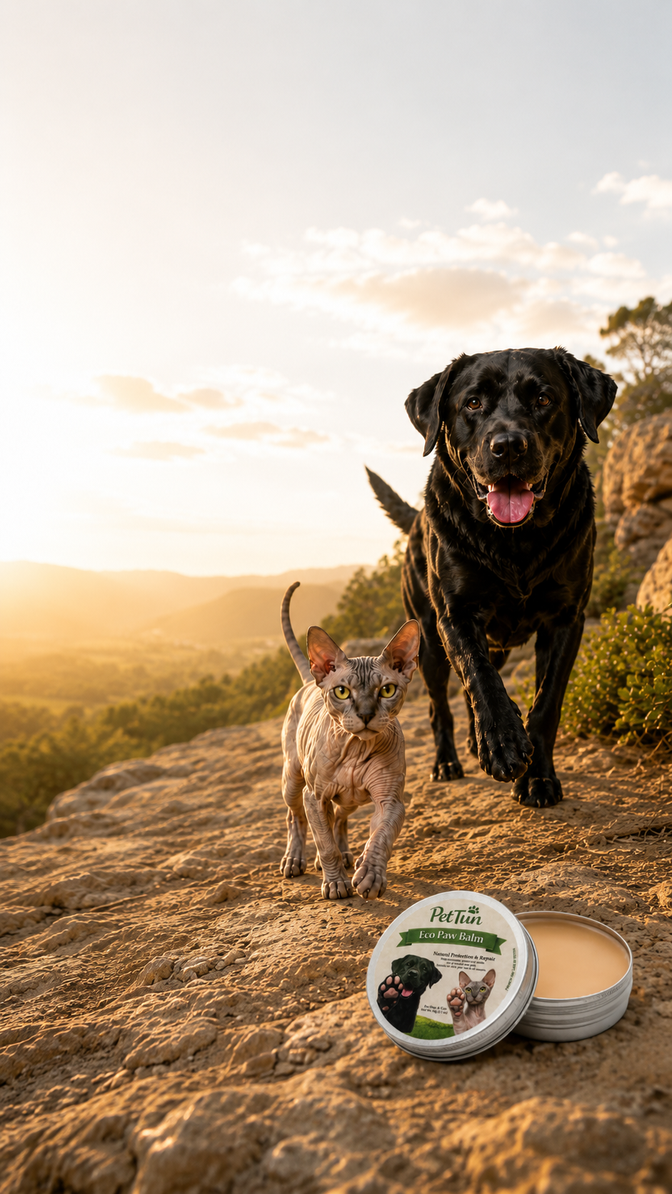 PetTun Eco Paw Balm with a dog and cat in a natural outdoor setting