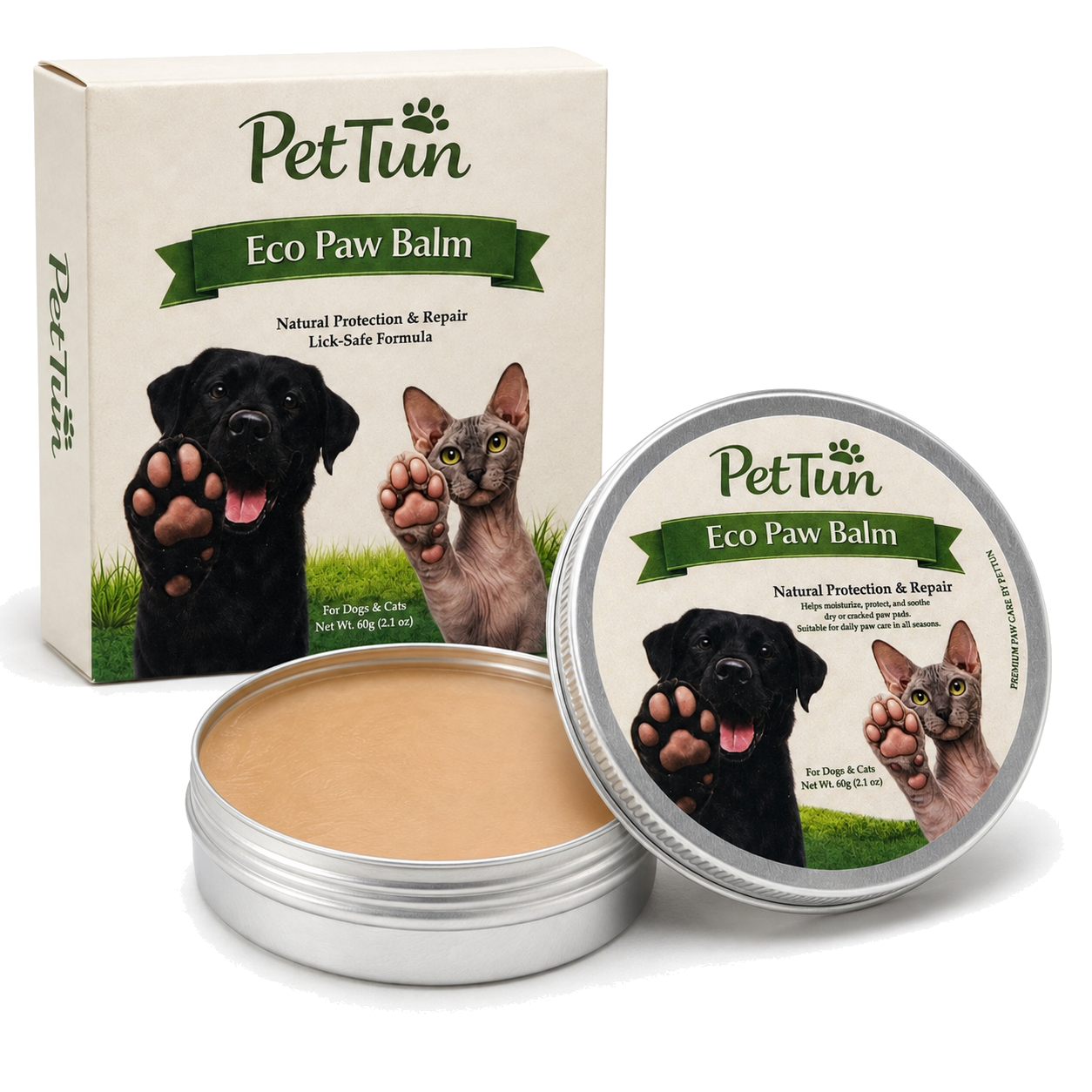 PetTun Eco Paw Balm box, open tin and matching lid