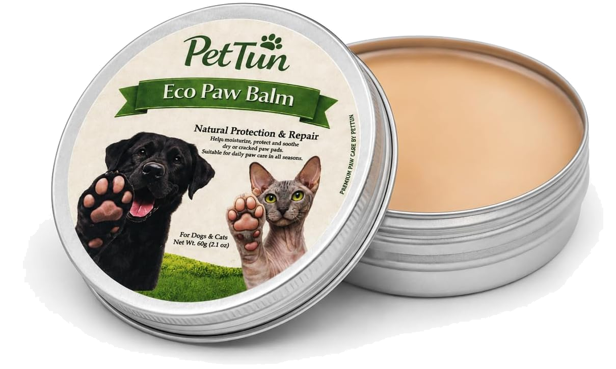 PetTun Eco Paw Balm open tin beside its matching lid