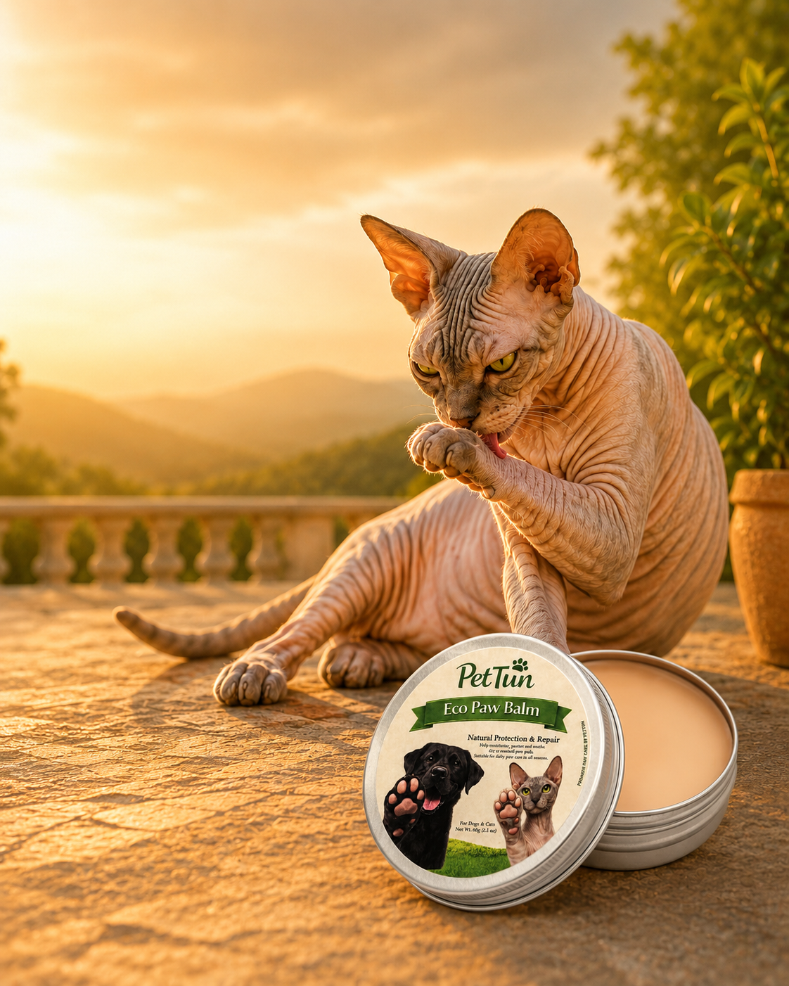 Lola beside PetTun Eco Paw Balm in a warm outdoor setting