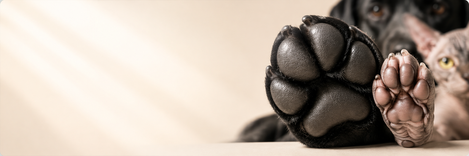 Close-up of dog and cat paws