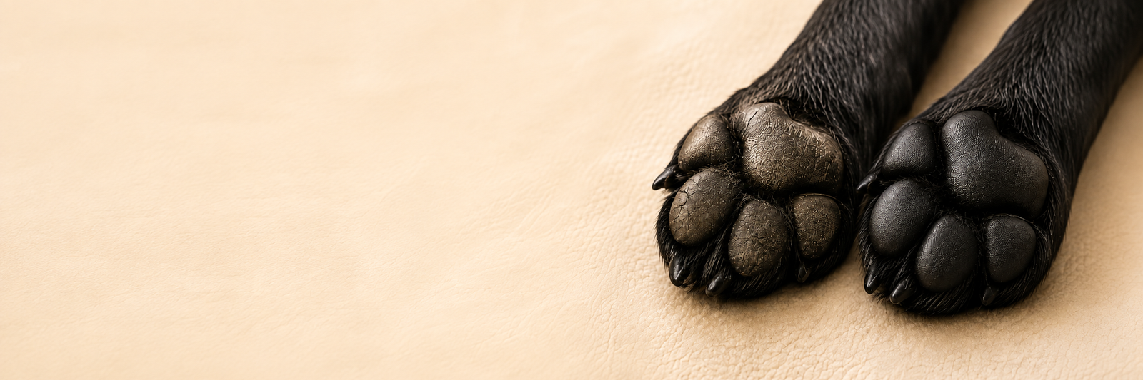A black Labrador's paw pads before and after regular moisturizing care
