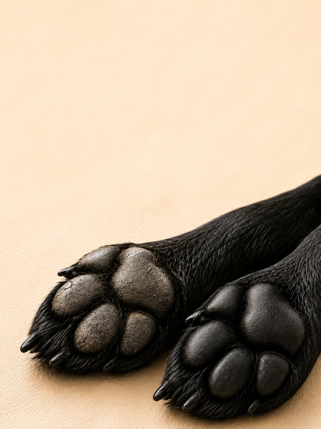 A black Labrador's paw pads before and after regular moisturizing care
