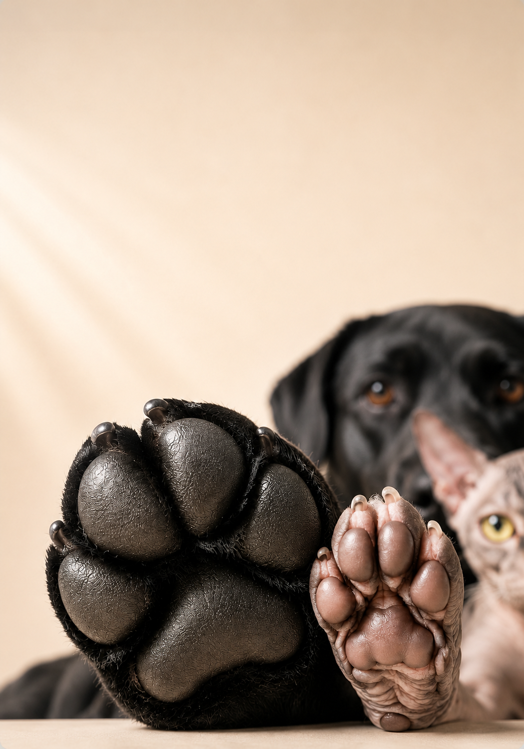 Close-up of dog and cat paws